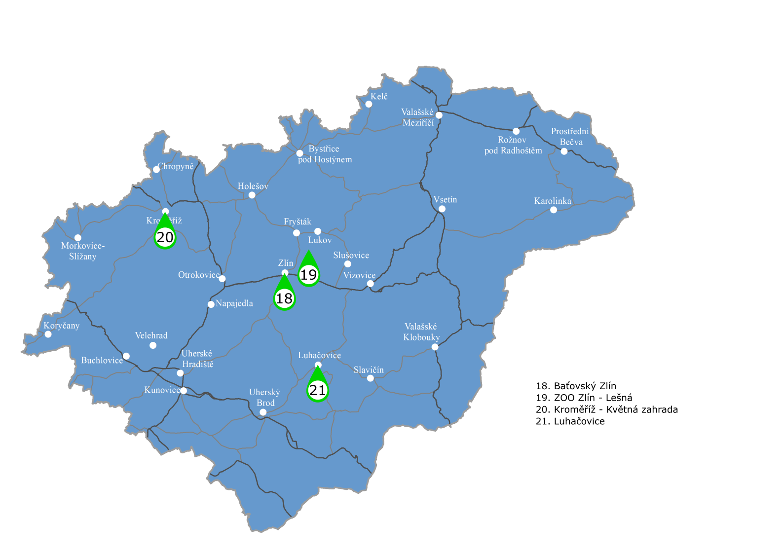 mapa Zlínského kraje s procházkami s appkou
