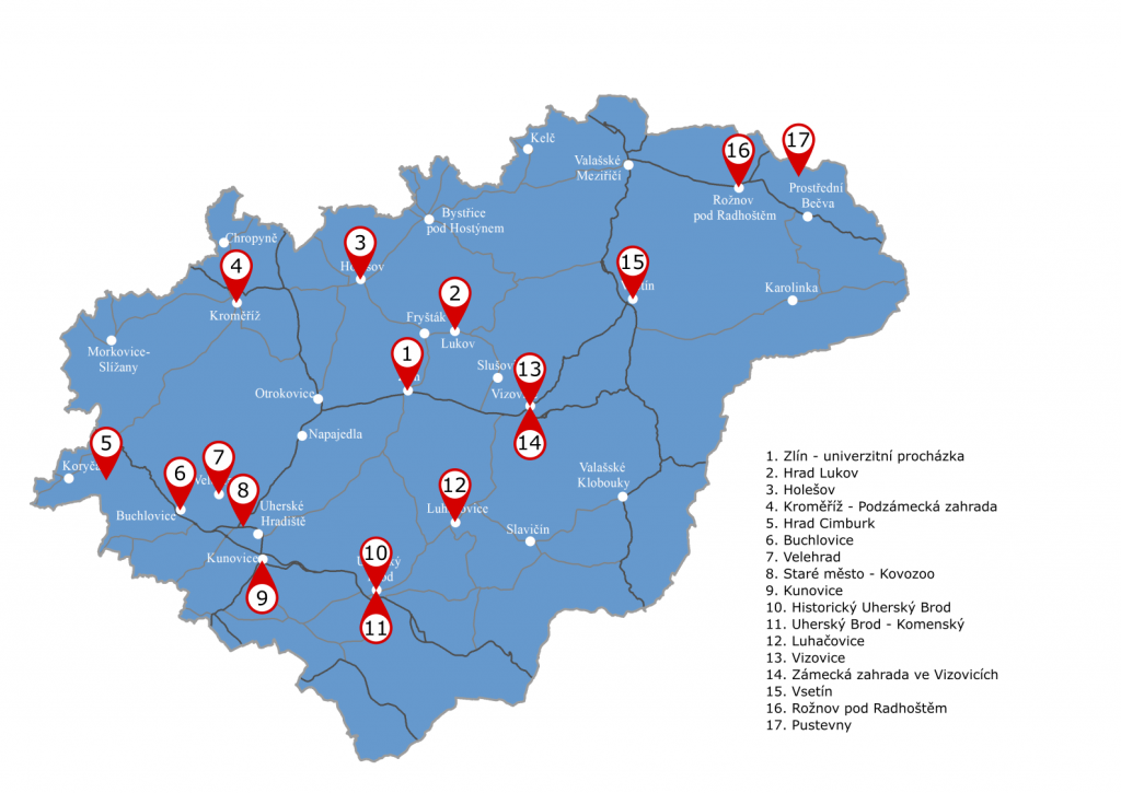mapa Zlínského kraje s procházkami s pracovním listem